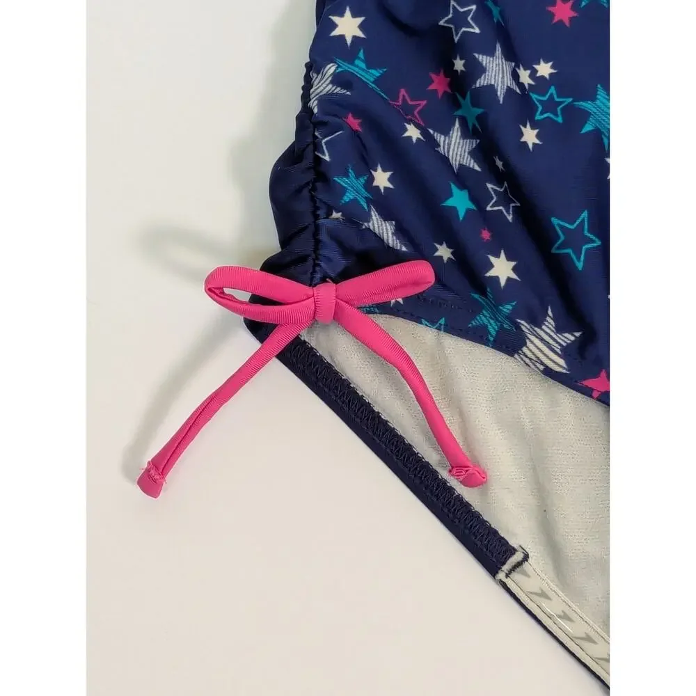 Speedo Girls One Piece Swimsuit Navy Blue Pink Multi Stars Tie Side Size M